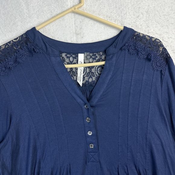 NY Collection Blouse Women P Large Blue 1/4 Button Up Mesh Insert Long Sleeve - Picture 2 of 11